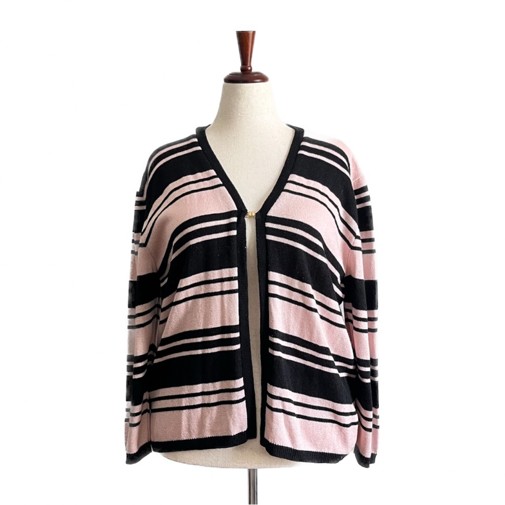 Striped Black and Pink Women's Cardigan w/ Clasp Detail